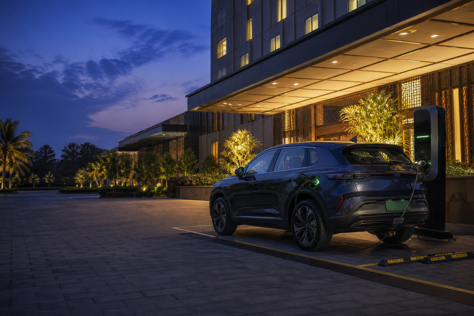 Electric vehicle charging outside a welcoming hotel at night